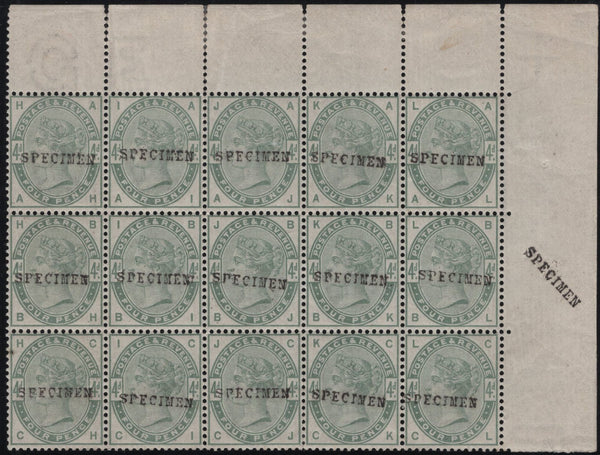 141813 1884 4D DULL GREEN (SG192) SUPERB CORNER MARGINAL BLOCK OF FIFTEEN OVERPRINTED 'SPECIMEN' TYPE 9 (SPEC K22s) WITH ADDITIONAL STRIKE IN SHEET MARGIN.