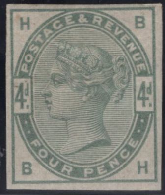141814 1884 4D DULL GREEN (SG192) TWO GOOD TO FINE IMPERFORATE IMPRIMATURS FROM PLATES ONE AND TWO BOTH LETTERED 'BH'.