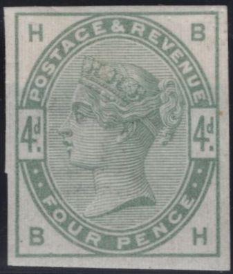 141814 1884 4D DULL GREEN (SG192) TWO GOOD TO FINE IMPERFORATE IMPRIMATURS FROM PLATES ONE AND TWO BOTH LETTERED 'BH'.