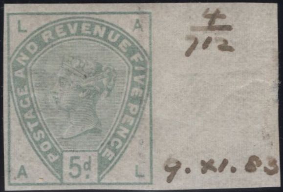 141816 1884 5D DULL GREEN (SG193) VERY FINE IMPERFORATE IMPRIMATUR LETTERED AL, PLATE FOUR.
