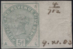 141816 1884 5D DULL GREEN (SG193) VERY FINE IMPERFORATE IMPRIMATUR LETTERED AL, PLATE FOUR.