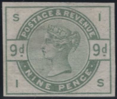 141819 1883 9D DULL GREEN (SG195) VERY FINE IMPERFORATE IMPRIMATUR LETTERED IS, PLATE FOUR.