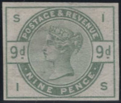 141819 1883 9D DULL GREEN (SG195) VERY FINE IMPERFORATE IMPRIMATUR LETTERED IS, PLATE FOUR.