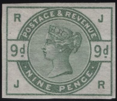 141820 1883 9D DULL GREEN (SG195) VERY FINE IMPERFORATE IMPRIMATUR LETTERED JR, PLATE THREE.