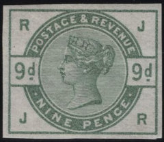 141820 1883 9D DULL GREEN (SG195) VERY FINE IMPERFORATE IMPRIMATUR LETTERED JR, PLATE THREE.