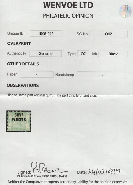141821 1886 6D DULL GREEN (SG194) 'GOVT/PARCELS' OVERPRINT, GOOD UNUSED (SGO62).
