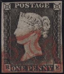 141826 1840-41 MATCHED QUARTET 1D GREY-BLACK PL.1A (SG3), 1D BLACKS PL.1B (SG2) WITH RED AND BLACK MALTESE CROSSES AND 1D RED PL.1B (SG7) ALL LETTERED RE.