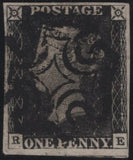 141826 1840-41 MATCHED QUARTET 1D GREY-BLACK PL.1A (SG3), 1D BLACKS PL.1B (SG2) WITH RED AND BLACK MALTESE CROSSES AND 1D RED PL.1B (SG7) ALL LETTERED RE.