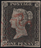 141827 1840-41 MATCHED TRIO 1D BLACKS PL.1A (SG3), PL.1B (SG2) AND PENNY RED PL.1B (SG7) LETTERED CC.