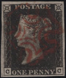 141827 1840-41 MATCHED TRIO 1D BLACKS PL.1A (SG3), PL.1B (SG2) AND PENNY RED PL.1B (SG7) LETTERED CC.