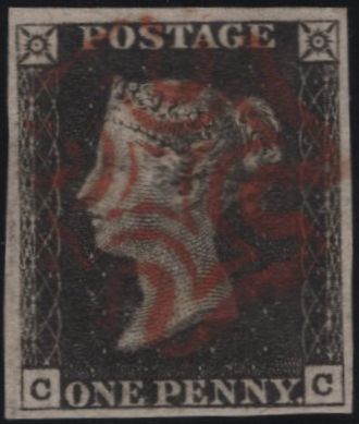 141827 1840-41 MATCHED TRIO 1D BLACKS PL.1A (SG3), PL.1B (SG2) AND PENNY RED PL.1B (SG7) LETTERED CC.