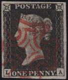 141828 1840-41 MATCHED TRIO 1D BLACKS PL.1A (SG2), PL.1B (SG2) AND PENNY RED PL.1C (SG7) LETTERED LA.
