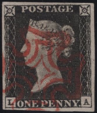 141828 1840-41 MATCHED TRIO 1D BLACKS PL.1A (SG2), PL.1B (SG2) AND PENNY RED PL.1C (SG7) LETTERED LA.