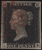 141828 1840-41 MATCHED TRIO 1D BLACKS PL.1A (SG2), PL.1B (SG2) AND PENNY RED PL.1C (SG7) LETTERED LA.