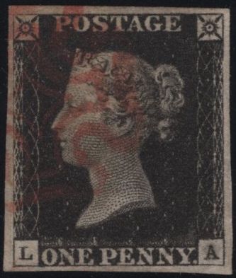 141828 1840-41 MATCHED TRIO 1D BLACKS PL.1A (SG2), PL.1B (SG2) AND PENNY RED PL.1C (SG7) LETTERED LA.