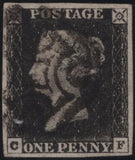 141830 1840-41 MATCHED TRIO 1D BLACKS PL.1A (SG3), PL.1B (SG2) AND PENNY RED PL.1C (SG7/SPEC AS8) LETTERED CF.