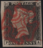 141831 1840-41 MATCHED TRIO 1D BLACKS PL.1A (SG3), PL.1B (SG2) AND PENNY RED PL.1C (SG7/SPEC AS8) LETTERED PA.
