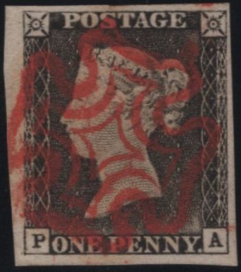 141831 1840-41 MATCHED TRIO 1D BLACKS PL.1A (SG3), PL.1B (SG2) AND PENNY RED PL.1C (SG7/SPEC AS8) LETTERED PA.