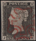 141832 1840-41 MATCHED TRIO  1D BLACKS PL.1A (SG3), PL.1B (SG2) AND 1D RED PL.1C (SG7/SPEC AS8) LETTERED JB.