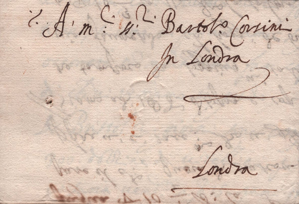 141835 1600 MAIL FROM LIVORNO, TUSCANY TO 'BARTOLO. CORSINI IN LONDRA'.