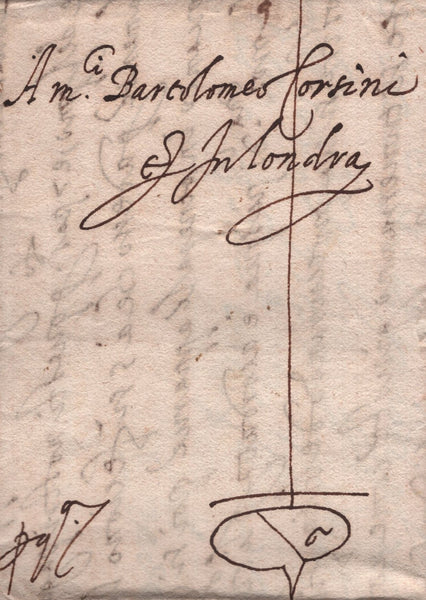 141840 1586 MAIL FROM VENICE TO BARTOLOMEO CORSINI IN LONDRA VIA MERCHANT STRANGERS POST WITH CAPPONI'S GUILD SIGN ON FRONT.