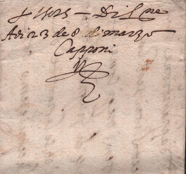 141840 1586 MAIL FROM VENICE TO BARTOLOMEO CORSINI IN LONDRA VIA MERCHANT STRANGERS POST WITH CAPPONI'S GUILD SIGN ON FRONT.