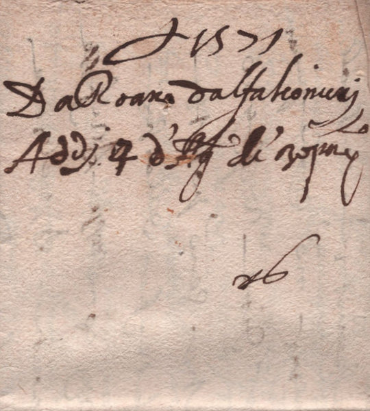 141842 1571 MAIL FROM ROUEN, FRANCE TO FILIPPO CORSINI IN LONDON WITH MANUSCRIPT 'pq'.