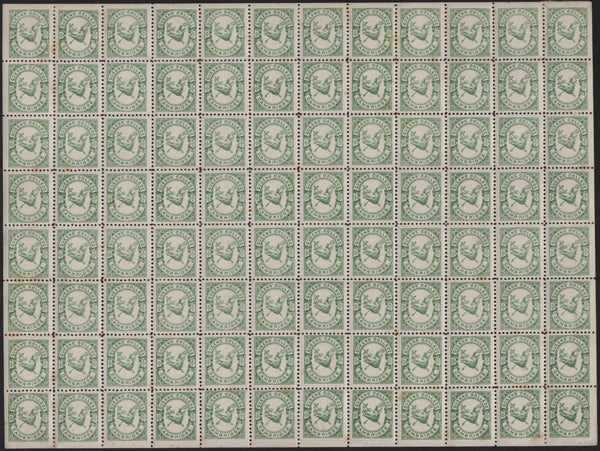141849 1883 ½D BRIGHT GREEN QUEEN'S COLLEGE, CAMBRIDGE COLLEGE STAMP (CS15) COMPLETE MINT SHEET OF 96.