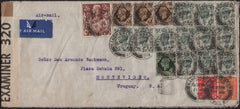 141853 1942 AIR MAIL MANCHESTER TO MONTEVIDEO, URUGUAY WITH KGVI 1D, 2D, 4D X 12, 9D, 1S X 3 AND 2/6 BROWN (SG476).