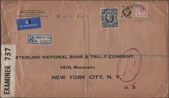 141856 1942 LARGE ENVELOPE REGISTERED AIR MAIL LONDON TO NEW YORK WITH 10S DARK BLUE (SG478), 6D (SG470) AND 1S (SG475) WITH 'BBK' PERFINS.