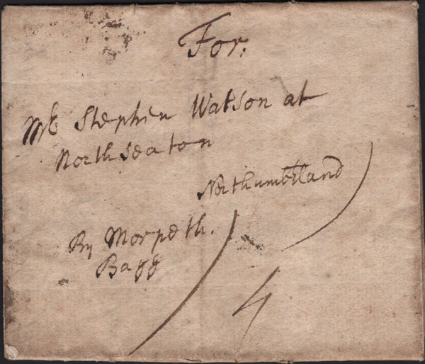 141857 1723 MAIL LONDON TO NORTH SEATON, NORTHUMBERLAND ENDORSED 'By Morpeth Bagg'.