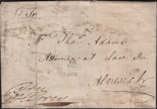 141860 1763 ABUSE OF FREE MAIL MORPETH TO ALNWICK WITH 'MOR/PETH' TWO LINE HAND STAMP (NR410).