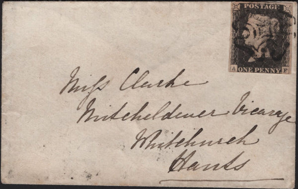 141865 1841 MAIL BLANDFORD, DORSET TO WHITCHURCH, HANTS WITH FINE TO VERY FINE 1D GREY-BLACK PLATE ELEVEN (SG 3)(AF).