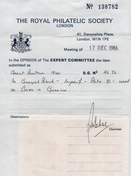 141865 1841 MAIL BLANDFORD, DORSET TO WHITCHURCH, HANTS WITH FINE TO VERY FINE 1D GREY-BLACK PLATE ELEVEN (SG 3)(AF).