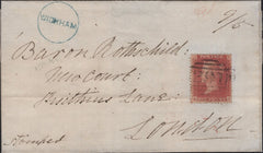 141867 1858 MAIL WICKHAM, HANTS TO LONDON WITH 1D (SG40) AND 'WICKHAM' UDC IN BLUE.