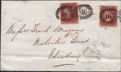 141868 1862 MAIL LONDON TO EDINBURGH WITH DIE2 1D ROSE-RED (SG40) X 2 WITH '46 46' DOUBLE NUMERAL.