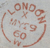 141869 1860 MAIL RE-DIRECTED WITHIN LONDON, 1D (SG40) AND 'CROWN/R' CIRCULAR HAND STAMP INDICATING NO RE-DIRECTION CHARGE.