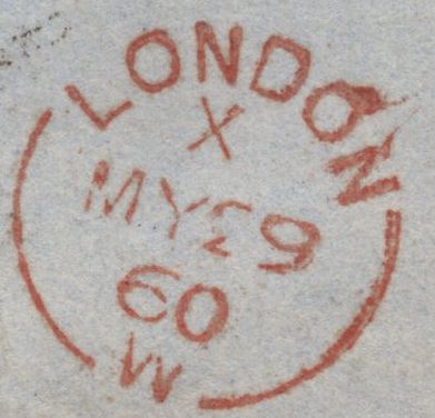 141869 1860 MAIL RE-DIRECTED WITHIN LONDON, 1D (SG40) AND 'CROWN/R' CIRCULAR HAND STAMP INDICATING NO RE-DIRECTION CHARGE.