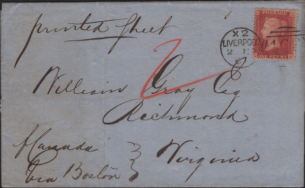 141871 1860 PRINTED MATTER LIVERPOOL TO RICHMOND, VIRGINIA, USA WITH 1D (SG40).