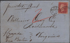 141871 1860 PRINTED MATTER LIVERPOOL TO RICHMOND, VIRGINIA, USA WITH 1D (SG40).
