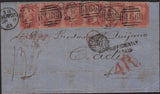 141872 1863 MAIL LIVERPOOL TO CADIZ, SPAIN WITH DIE 2 1D RESERVE PL.16 (SG40b) x 6, POSTAGE UNDERPAID WITH INSTRUCTIONAL MARKS.