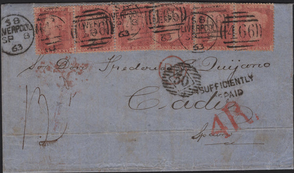 141872 1863 MAIL LIVERPOOL TO CADIZ, SPAIN WITH DIE 2 1D RESERVE PL.16 (SG40b) x 6, POSTAGE UNDERPAID WITH INSTRUCTIONAL MARKS.