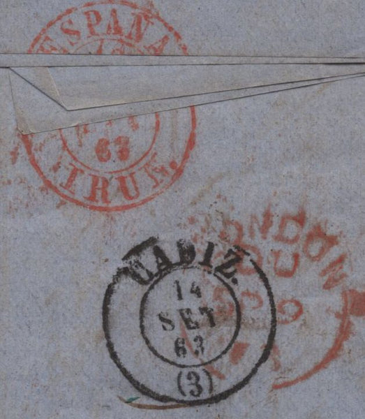 141872 1863 MAIL LIVERPOOL TO CADIZ, SPAIN WITH DIE 2 1D RESERVE PL.16 (SG40b) x 6, POSTAGE UNDERPAID WITH INSTRUCTIONAL MARKS.