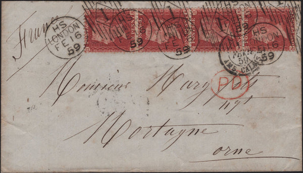 141873  1859 MAIL LONDON TO MORTAGNE, ORNE, FRANCE WITH 1D (SG40) X 4 'RIDEOUT' NO.1 EXPERIMENTAL DUPLEX.