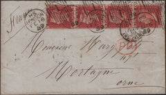 141873  1859 MAIL LONDON TO MORTAGNE, ORNE, FRANCE WITH 1D (SG40) X 4 'RIDEOUT' NO.1 EXPERIMENTAL DUPLEX.