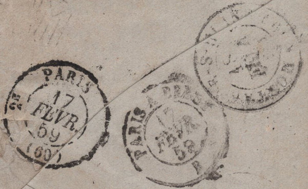 141873  1859 MAIL LONDON TO MORTAGNE, ORNE, FRANCE WITH 1D (SG40) X 4 'RIDEOUT' NO.1 EXPERIMENTAL DUPLEX.