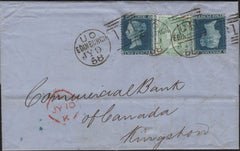 141875 1858 MAIL EDINBURGH TO KINGSTON, CANADA WITH 2D BLUE (SG35) X 2 AND 1S PALE GREEN (SG73).
