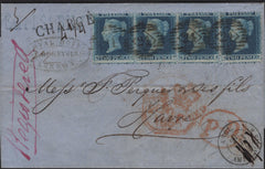 141876 1855 REGISTERED MAIL LONDON TO HAVRE, FRANCE WITH STRIP OF FOUR 2D BLUE PL.4 S.C.14 (SG23).