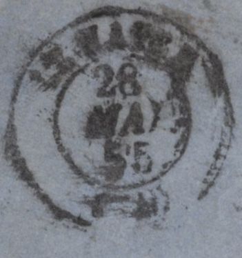 141876 1855 REGISTERED MAIL LONDON TO HAVRE, FRANCE WITH STRIP OF FOUR 2D BLUE PL.4 S.C.14 (SG23).