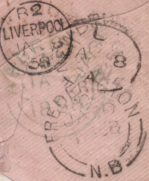 141878 1858 MAIL MARYCULTER, KINCARDINE TO NEW BRUNSWICK, NORTH AMERICA, 6D (SG68) 'MARYCULTER' SCOTS LOCAL CANCELLATION.